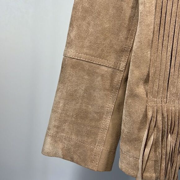 BCBGMAXAZRIA Women’s Reiss Stretch Woven Microsuede Fringe Jacket Tan Size XS - Picture 8 of 16